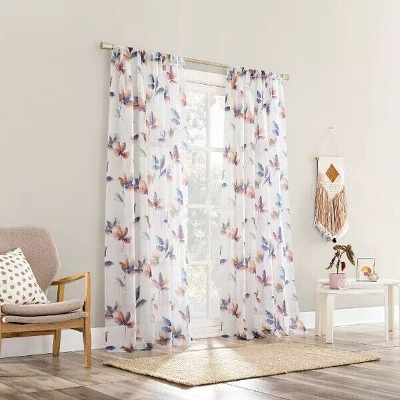 Sheer Ellie Watercolor Floral Print Rod Pocket Single Curtain Panel 84-inch NEW - Picture 3 of 6